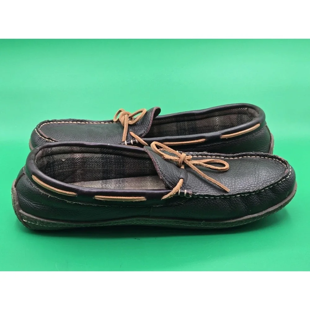 LL Bean Mens 14 Leather Moccasin Flannel Lined Slippers Loafer Shoe 212164 Brown